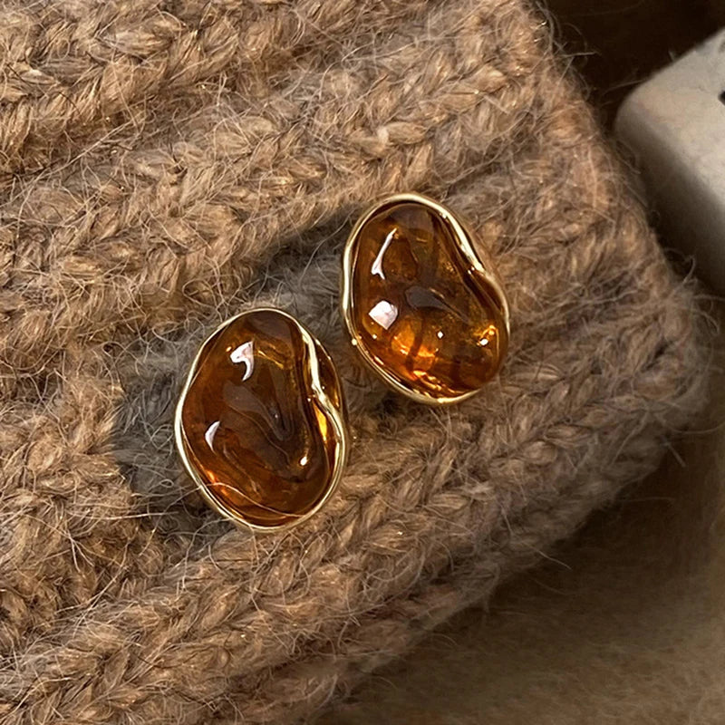 New Brown Resin Tiger Eye Stone Dangle Earrings for Women Fashion Silver Needle Earring Personality Melard Color Jewelry