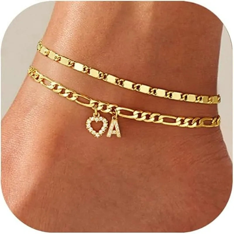 Gold Anklet Bracelet for Women Waterproof 18K Gold Plated Stainless Steel Figaro Hammer Chain Ankle Chain Bracelets Foot Jewelry