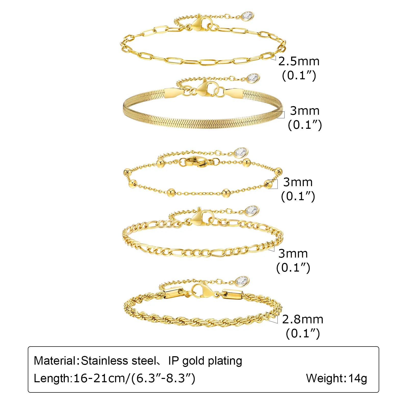 5PCS/Set Women Gold/Silver Color Bracelets,Stainless Steel Lady Geometric Fashion Charm Chain,Multi Layers Dainty Girl Jewelry