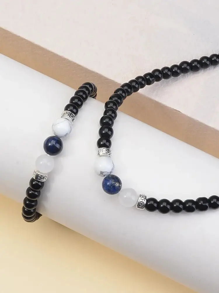 2pcs/set Fashionable Obsidian Hematite Natural Stone Bracelet Necklace, Cool and Fashionable Men's Jewelry Set