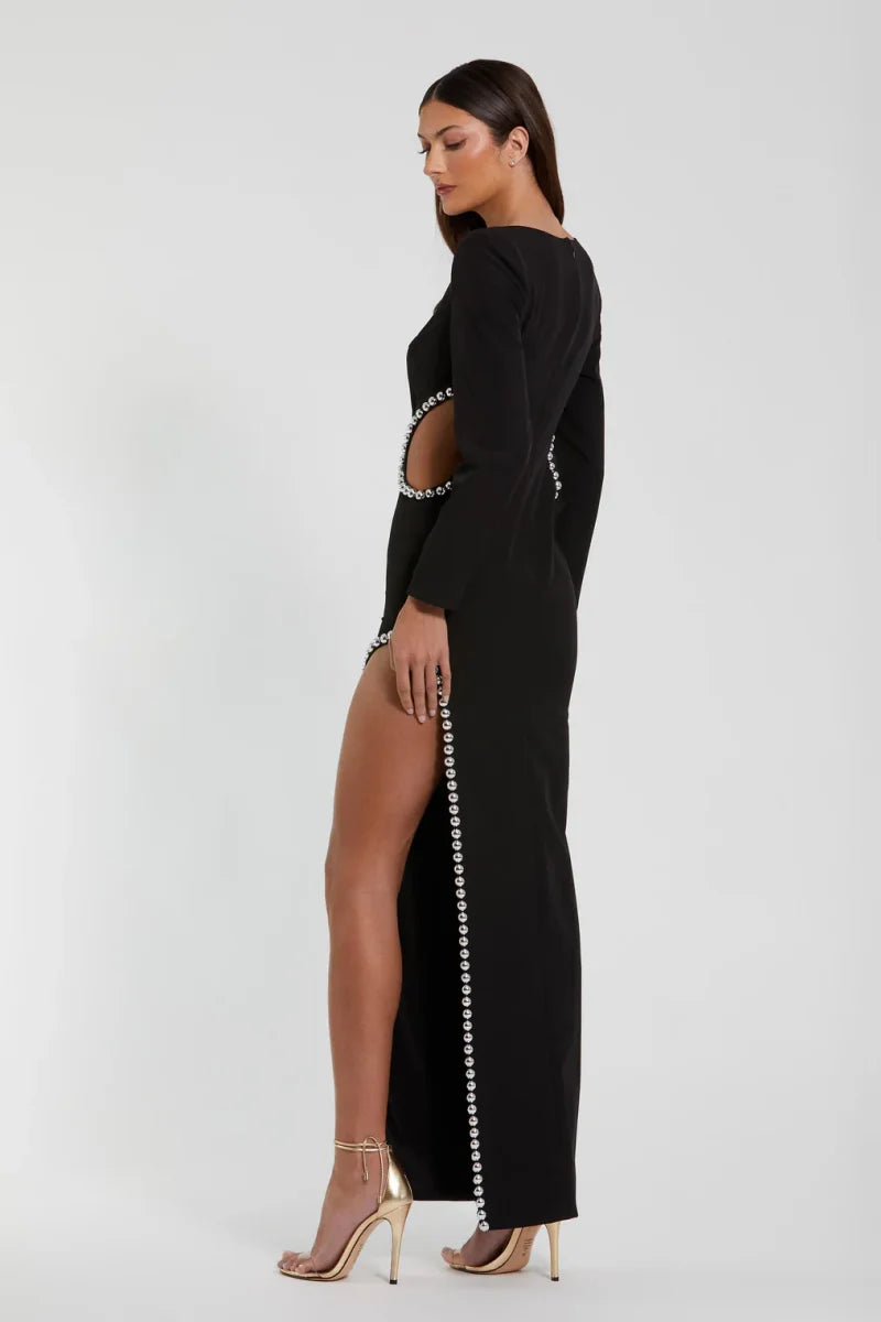 Annie Black Prom Dress - Handmade Beads Mermaid Long Sleeve Gown