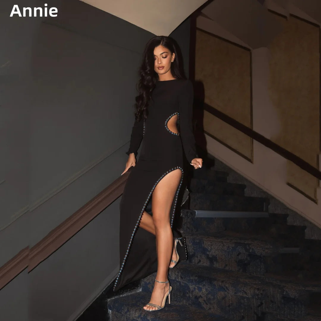 Annie Black Prom Dress - Handmade Beads Mermaid Long Sleeve Gown
