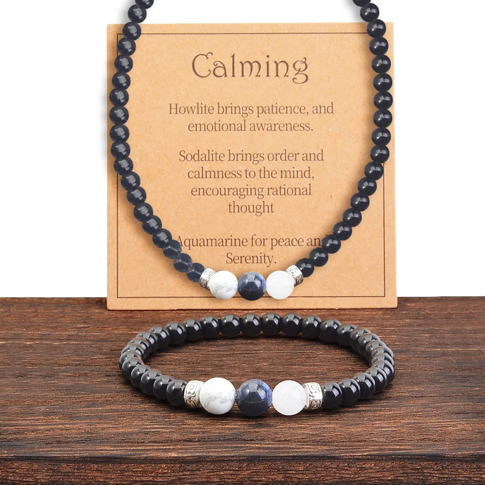 2pcs/set Fashionable Obsidian Hematite Natural Stone Bracelet Necklace, Cool and Fashionable Men's Jewelry Set