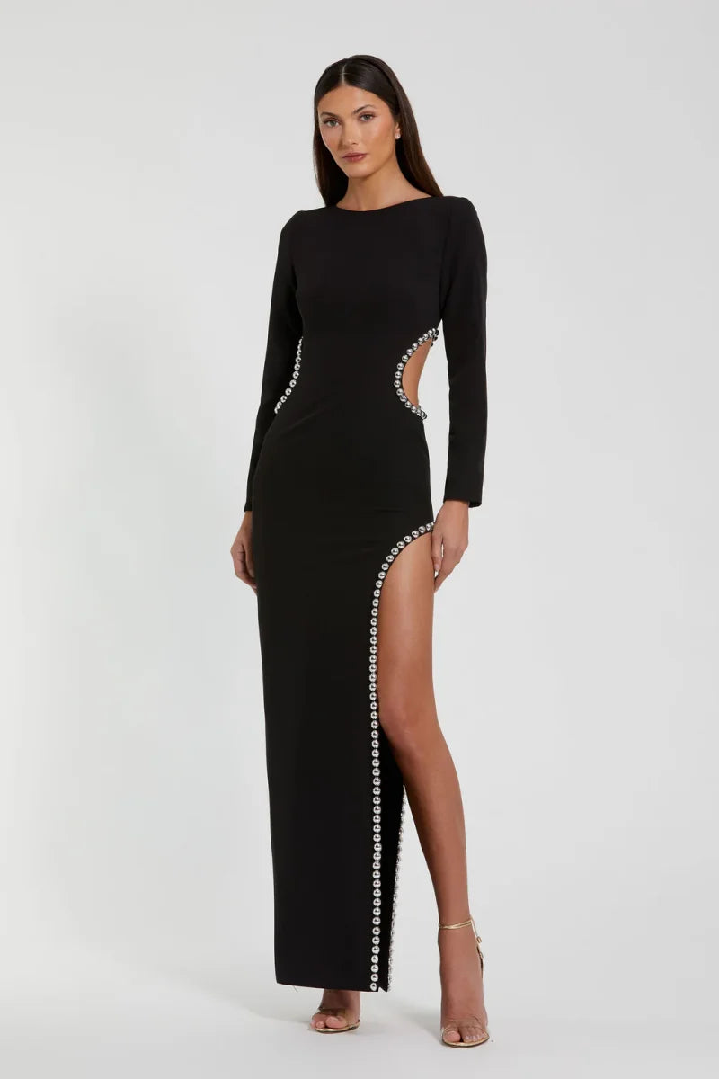 Annie Black Prom Dress - Handmade Beads Mermaid Long Sleeve Gown