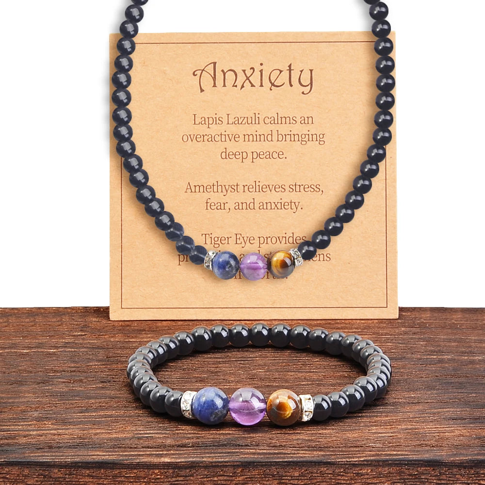 2pcs/set Fashionable Obsidian Hematite Natural Stone Bracelet Necklace, Cool and Fashionable Men's Jewelry Set