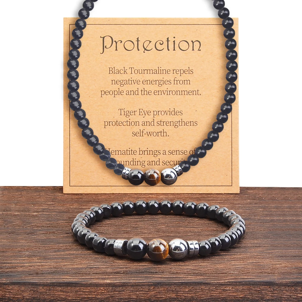 2pcs/set Fashionable Obsidian Hematite Natural Stone Bracelet Necklace, Cool and Fashionable Men's Jewelry Set