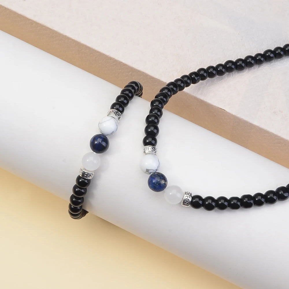 2pcs/set Fashionable Obsidian Hematite Natural Stone Bracelet Necklace, Cool and Fashionable Men's Jewelry Set