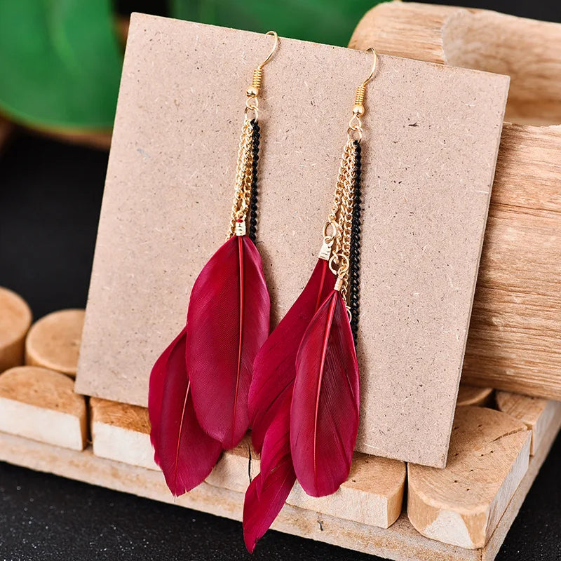 Colorful Feather Vintage Bohemian Golden Long Chain Fringed Earrings Temperament Fairy Water Drops Earrings Boho Indian Jewelry