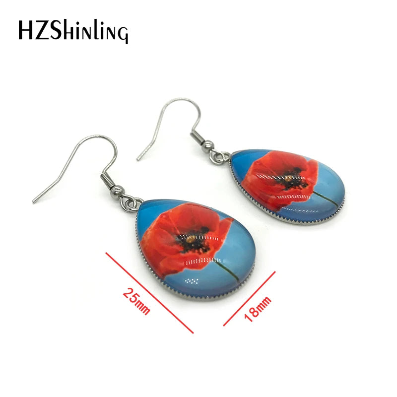 New Arrival Tear Drop Hook Earrings Poppies Glass Dome Cabochon Earrings Jewelry