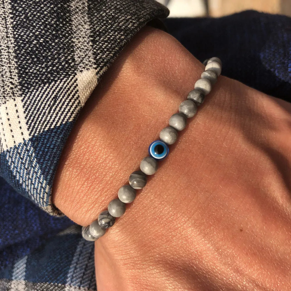 Fashion 4mm Bracelet Natural Stone Beads Evil Eye Braslet Obsidian Hematite Elastic Braclet For Men Hand Jewelry Pulseras Homme