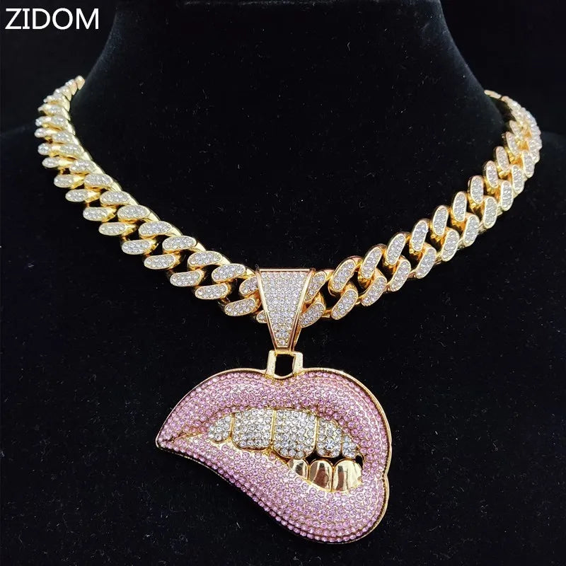 Men Women Hip Hop Bite Lip Shape Pendant Necklace with 13mm Crystal Cuban Chain Iced Out Bling HipHop Necklaces Fashion Jewelry