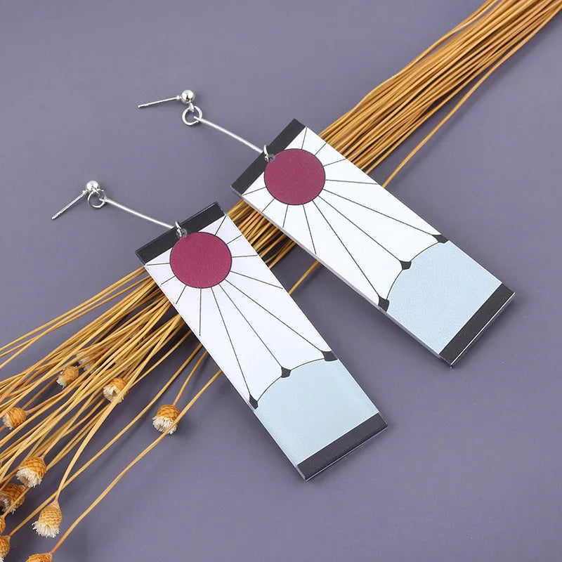 Anime Demon Slayer Kimetsu No Yaiba Kamado Tanjirou Earrings Acrylic Clip Drop Long Ear Jewelry Cosplay Props Accessories Gift