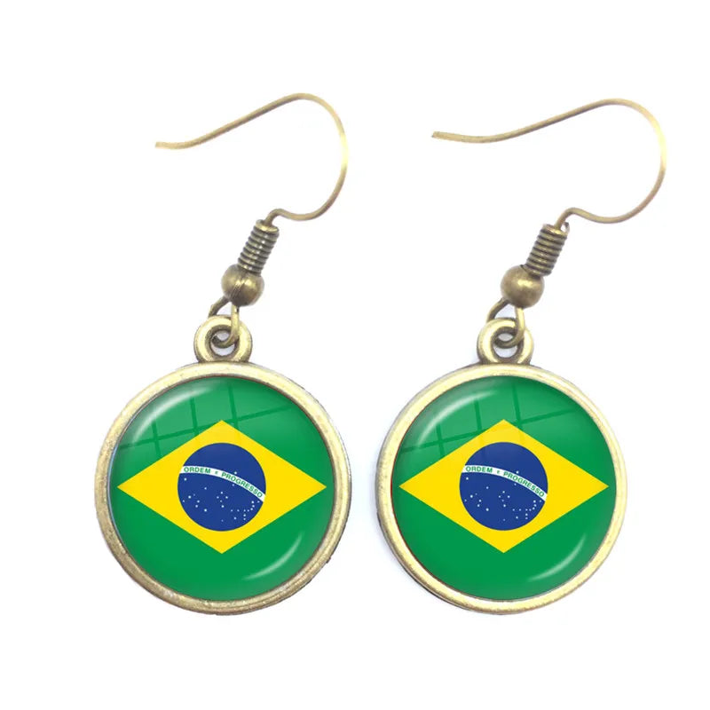 Soviet Union,Brazil,Canada,Netherlands,Israel,Syria,Venezuela,United States,Spain National Flag Glass Cabochon Drop Earrings