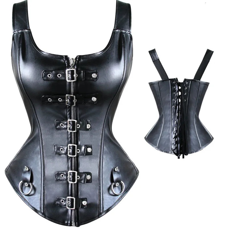 Faux Leather Harness Corset - Overbust Steampunk Waist Trainer