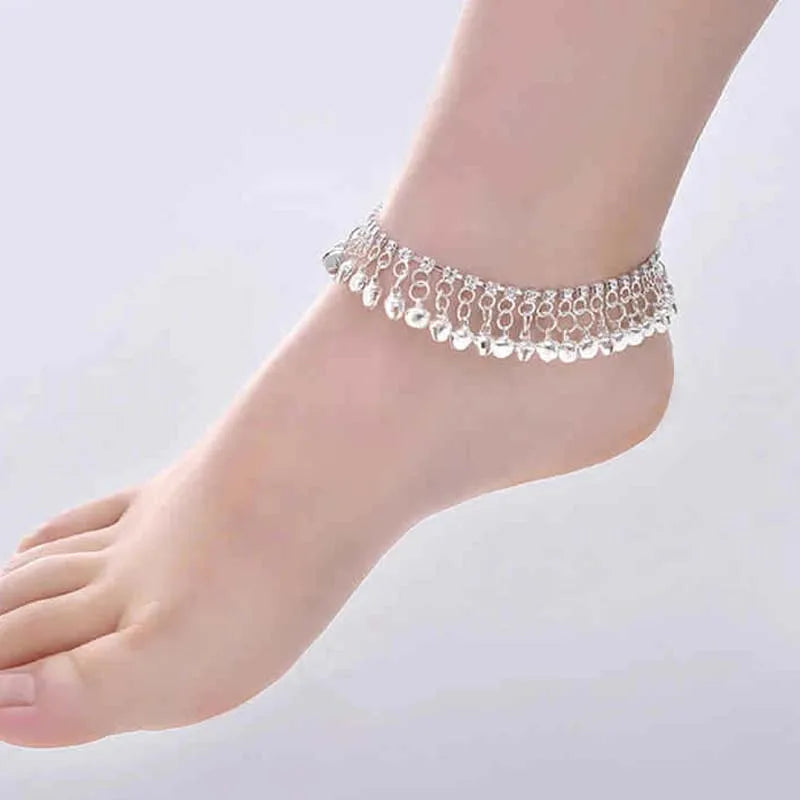 Bell Crystal Tassel Ankle Bracelet Boho Gypsy Goth Hippie Festival Vintage Anklet Bracelet Feet Jewelry Indian Payal Metallic
