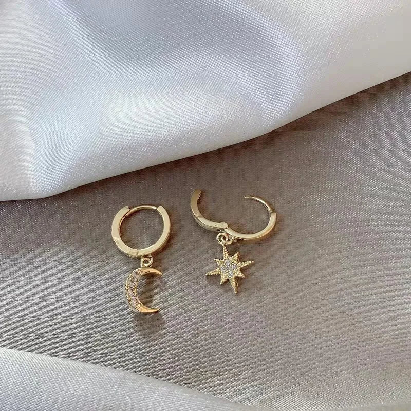 VENTFILLE 925 Sterling Silver CZ Star Moon Asymmetric Hoop Earrings for Women Girls Gold Silver Color Party Jewelry Gifts