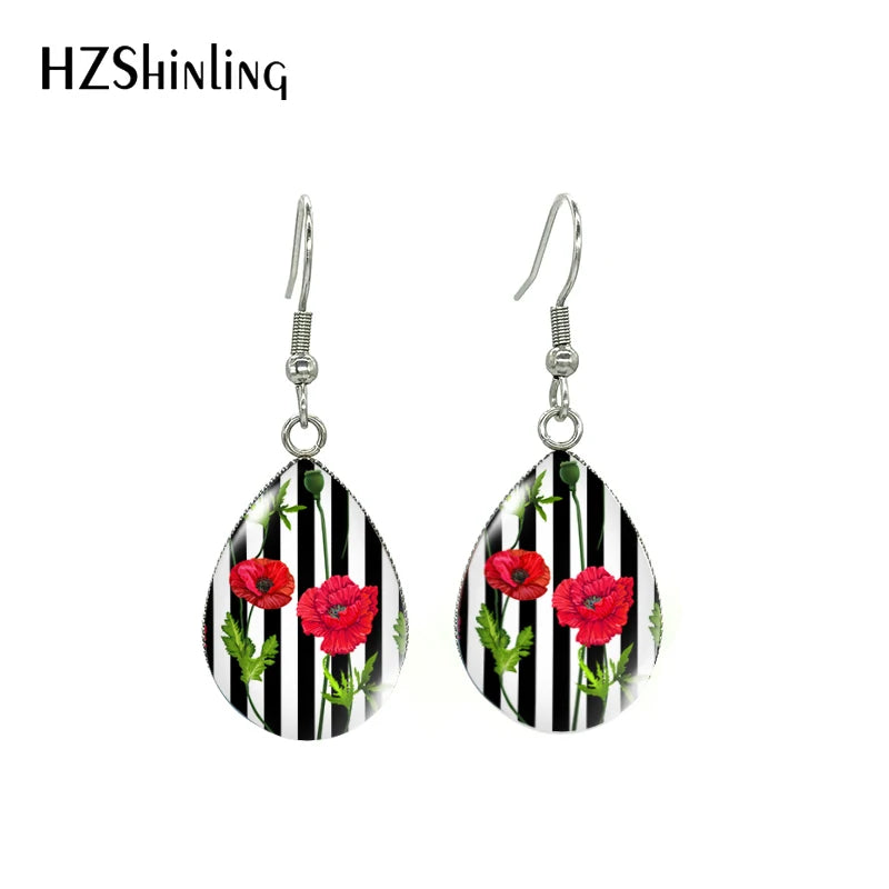 New Arrival Tear Drop Hook Earrings Poppies Glass Dome Cabochon Earrings Jewelry