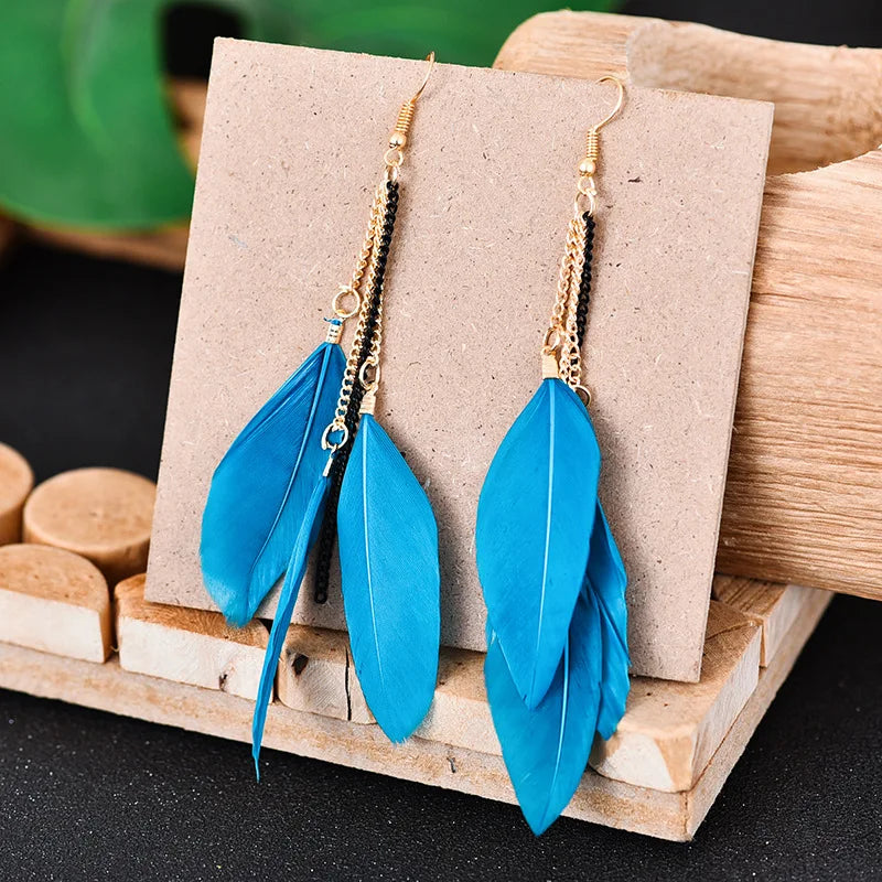 Colorful Feather Vintage Bohemian Golden Long Chain Fringed Earrings Temperament Fairy Water Drops Earrings Boho Indian Jewelry