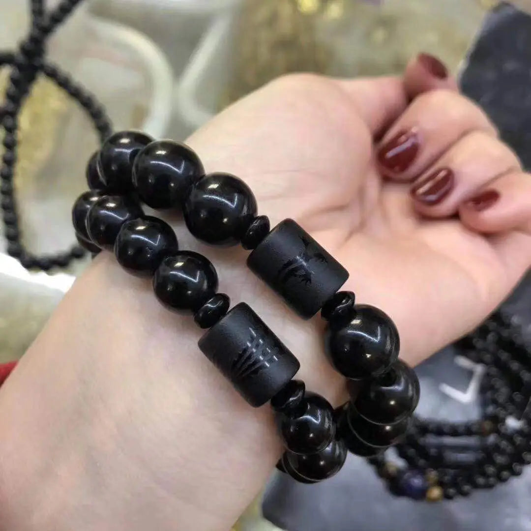 Natural Black Obsidian Carved Buddha Lucky Amulet Round Beads Strand Bracelet for Women Men Yoga Jewelry 6MM 8MM 10MM 12MM