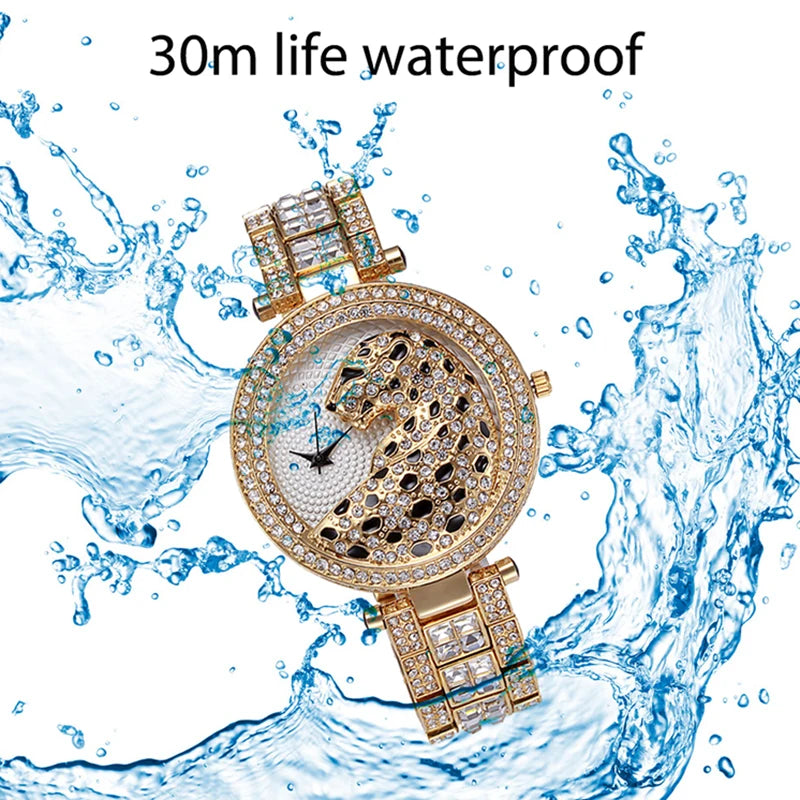 MISSFOX Women Quartz Watch Fashion Bling Casual Ladies Watch Female Quartz Gold Watch Crystal Diamond Leopard For Women Clock