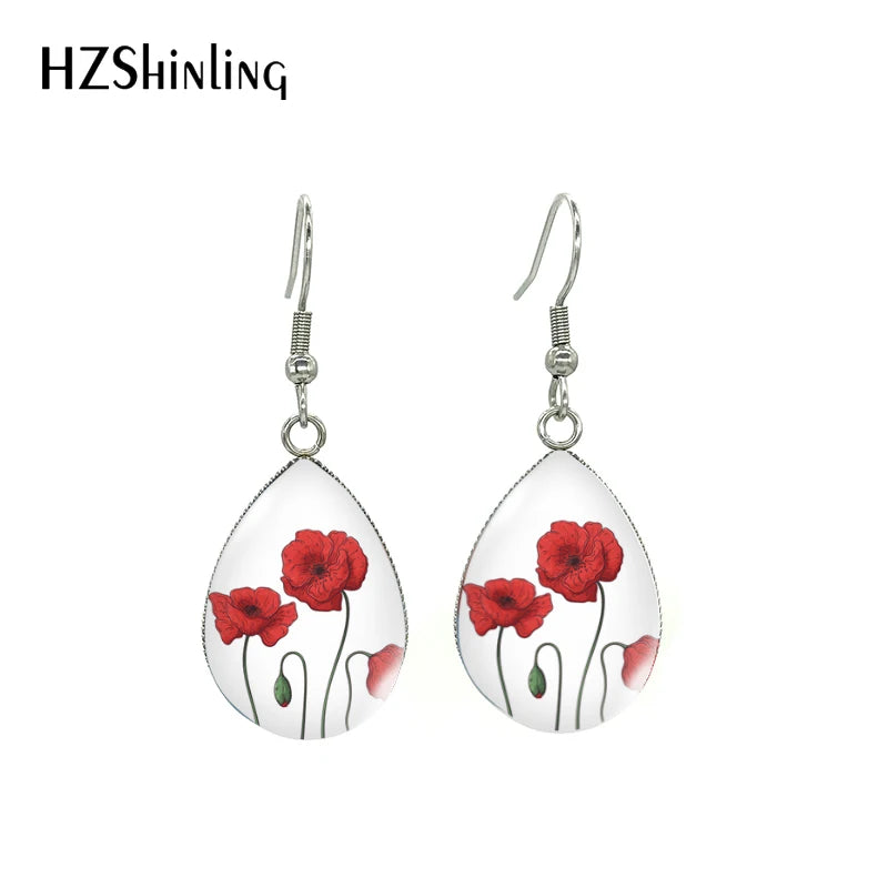 New Arrival Tear Drop Hook Earrings Poppies Glass Dome Cabochon Earrings Jewelry