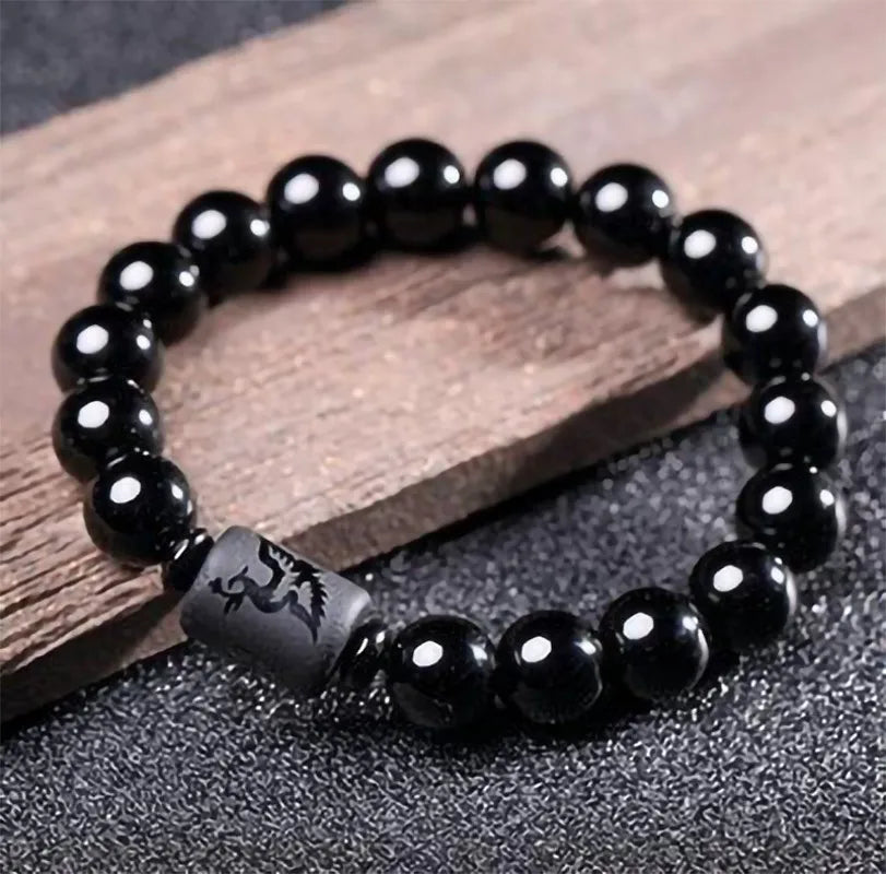 Natural Black Obsidian Carved Buddha Lucky Amulet Round Beads Strand Bracelet for Women Men Yoga Jewelry 6MM 8MM 10MM 12MM