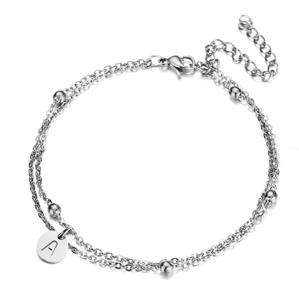 Minimalist Design Stainless Steel Disc Coin Letter Initial Bracelets For Women Multilayer Chain Alphabet Charm Bracelet Jewelry