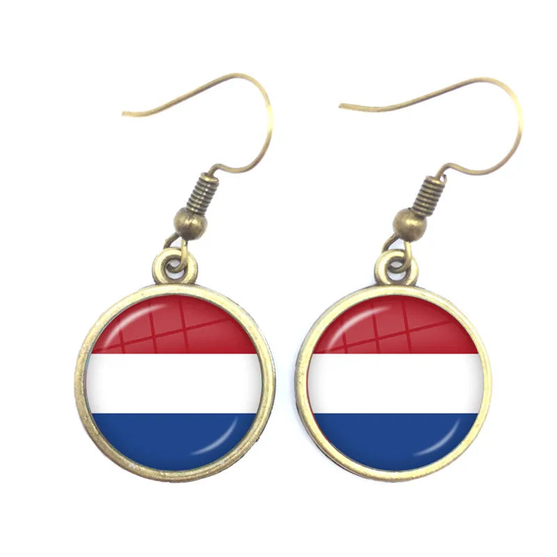 Soviet Union,Brazil,Canada,Netherlands,Israel,Syria,Venezuela,United States,Spain National Flag Glass Cabochon Drop Earrings