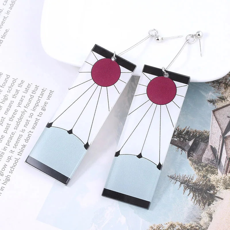 Anime Demon Slayer Kimetsu No Yaiba Kamado Tanjirou Earrings Acrylic Clip Drop Long Ear Jewelry Cosplay Props Accessories Gift