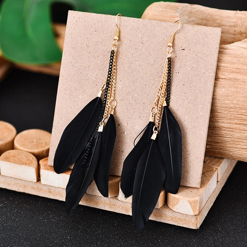 Colorful Feather Vintage Bohemian Golden Long Chain Fringed Earrings Temperament Fairy Water Drops Earrings Boho Indian Jewelry