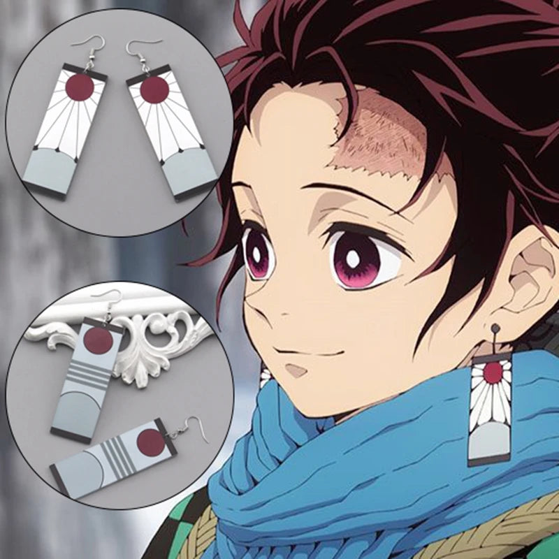 Anime Demon Slayer Kimetsu No Yaiba Kamado Tanjirou Earrings Acrylic Clip Drop Long Ear Jewelry Cosplay Props Accessories Gift