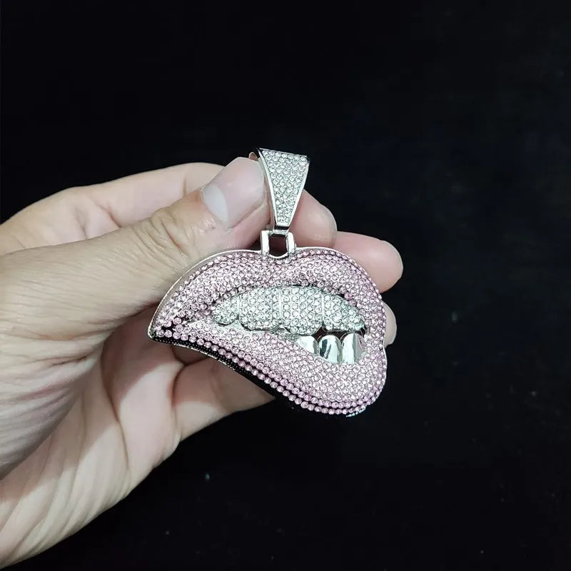 Men Women Hip Hop Bite Lip Shape Pendant Necklace with 13mm Crystal Cuban Chain Iced Out Bling HipHop Necklaces Fashion Jewelry