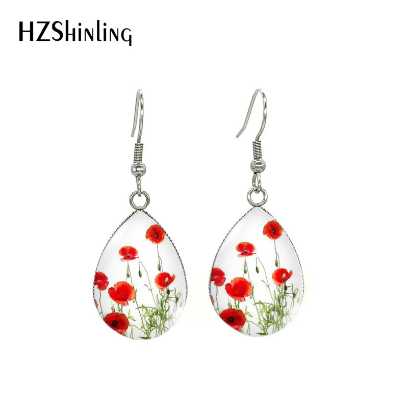 New Arrival Tear Drop Hook Earrings Poppies Glass Dome Cabochon Earrings Jewelry