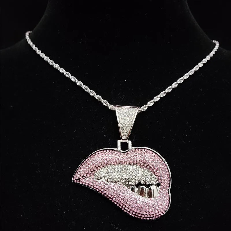 Men Women Hip Hop Bite Lip Shape Pendant Necklace with 13mm Crystal Cuban Chain Iced Out Bling HipHop Necklaces Fashion Jewelry