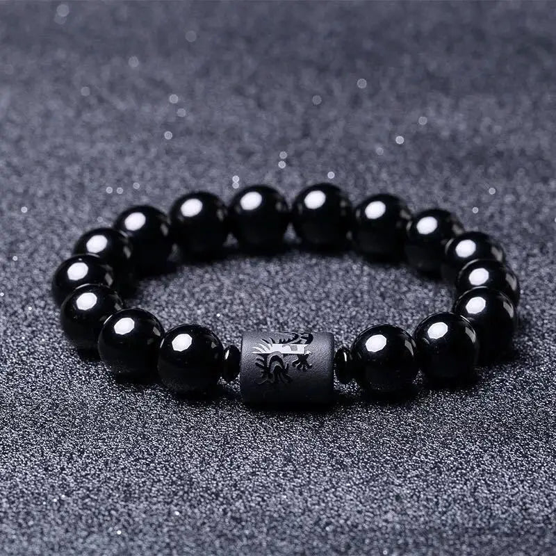 Natural Black Obsidian Carved Buddha Lucky Amulet Round Beads Strand Bracelet for Women Men Yoga Jewelry 6MM 8MM 10MM 12MM