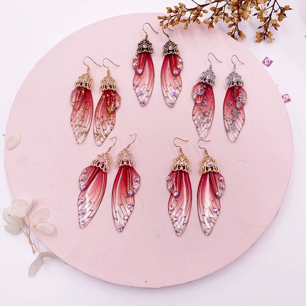 Handmade Fairy Simulation Wing Earrings Insect Butterfly Wing Drop Earrings Foil Rhinestone Earrings Romantic Bridal Jewelry