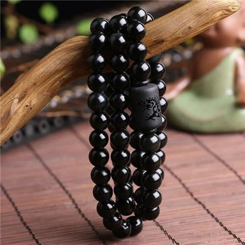 Natural Black Obsidian Carved Buddha Lucky Amulet Round Beads Strand Bracelet for Women Men Yoga Jewelry 6MM 8MM 10MM 12MM