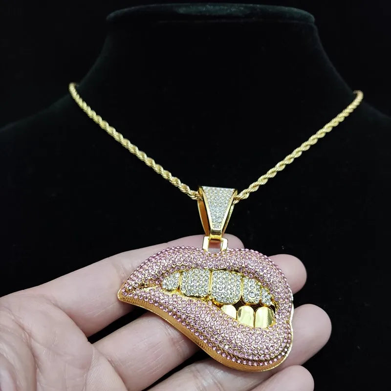 Men Women Hip Hop Bite Lip Shape Pendant Necklace with 13mm Crystal Cuban Chain Iced Out Bling HipHop Necklaces Fashion Jewelry