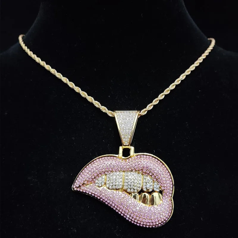 Men Women Hip Hop Bite Lip Shape Pendant Necklace with 13mm Crystal Cuban Chain Iced Out Bling HipHop Necklaces Fashion Jewelry