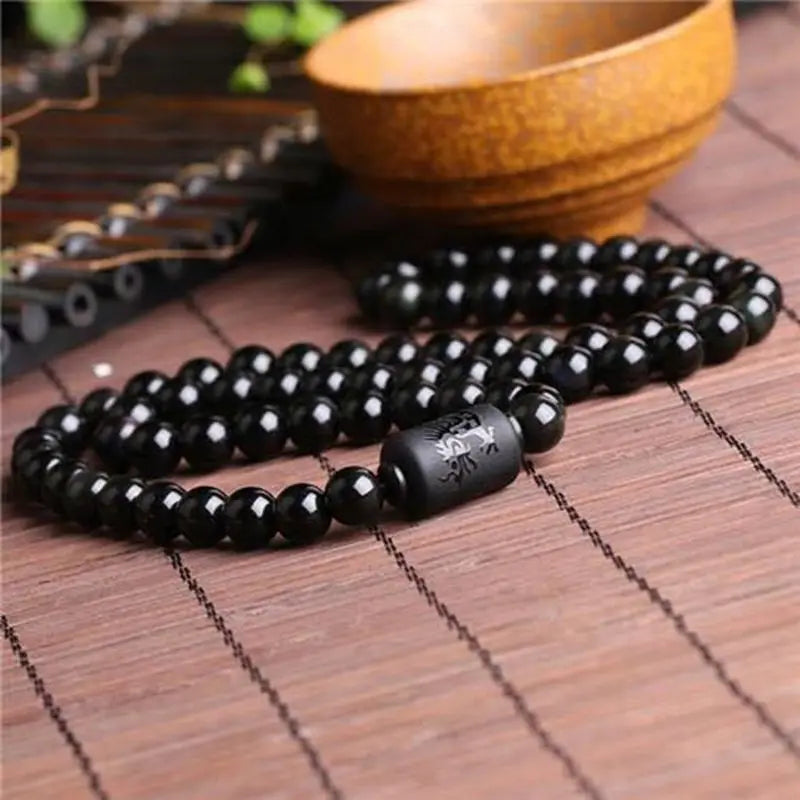 Natural Black Obsidian Carved Buddha Lucky Amulet Round Beads Strand Bracelet for Women Men Yoga Jewelry 6MM 8MM 10MM 12MM