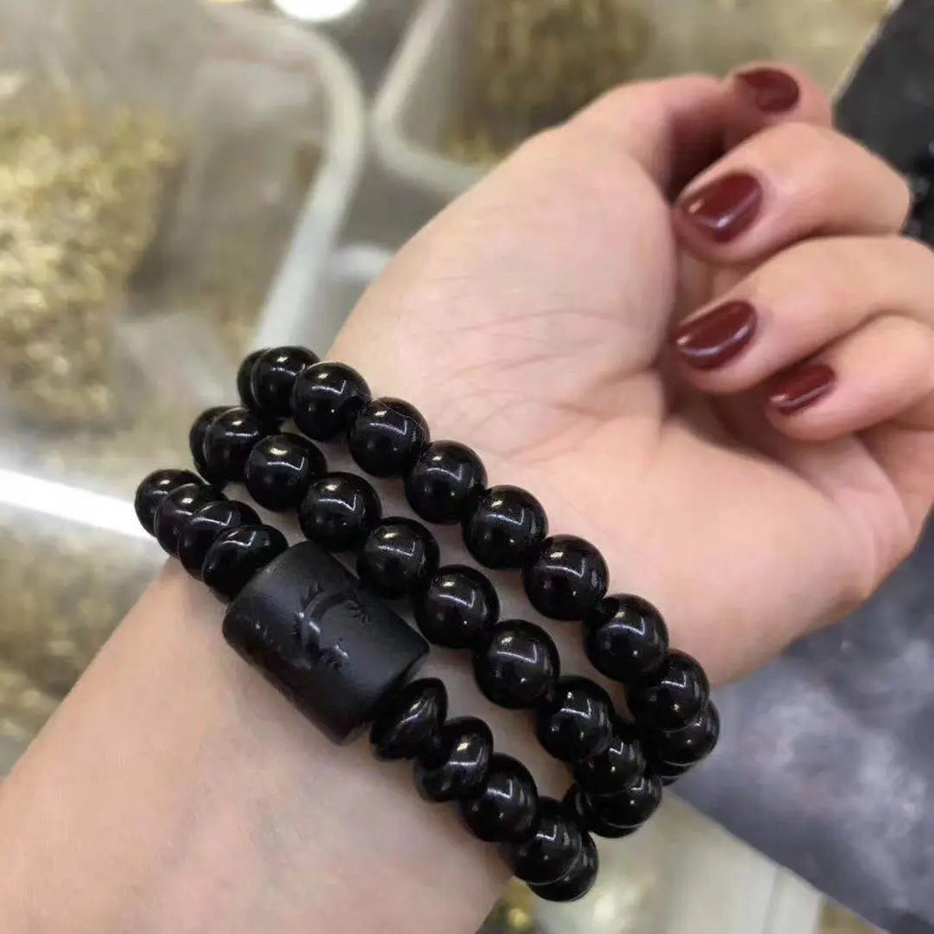 Natural Black Obsidian Carved Buddha Lucky Amulet Round Beads Strand Bracelet for Women Men Yoga Jewelry 6MM 8MM 10MM 12MM