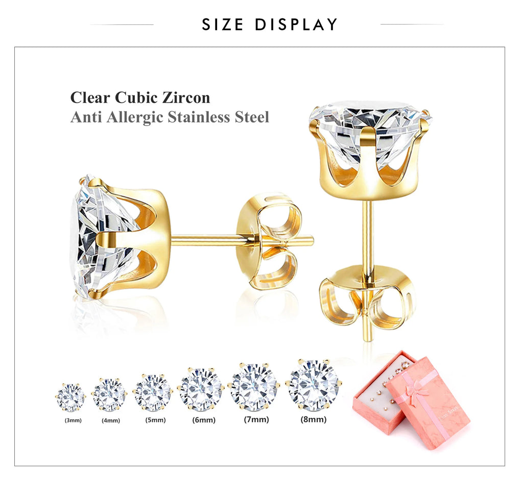 LUXUSTEEL 6Pairs/Set CZ Stud Earrings Stainless Steel Round White Cubic Zirconia Hypoallergenic 6 Claws Earring Trendy Jewelry