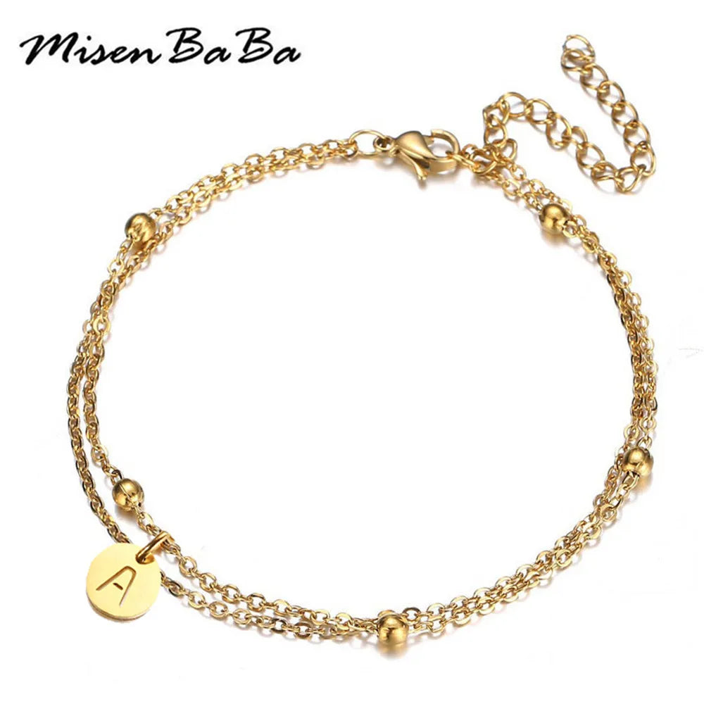Minimalist Design Stainless Steel Disc Coin Letter Initial Bracelets For Women Multilayer Chain Alphabet Charm Bracelet Jewelry