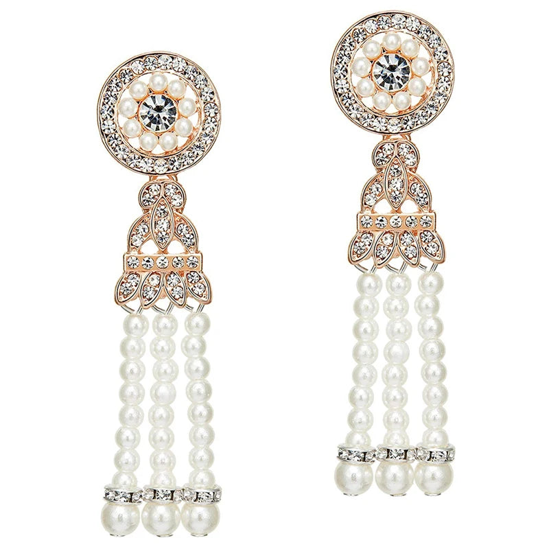 1920s Flapper Earrings 20s Art Deco Great Gatsby Earring Drop Rhinestone Jewelry Accessories Vintage Party Dangle Pearl Earrings