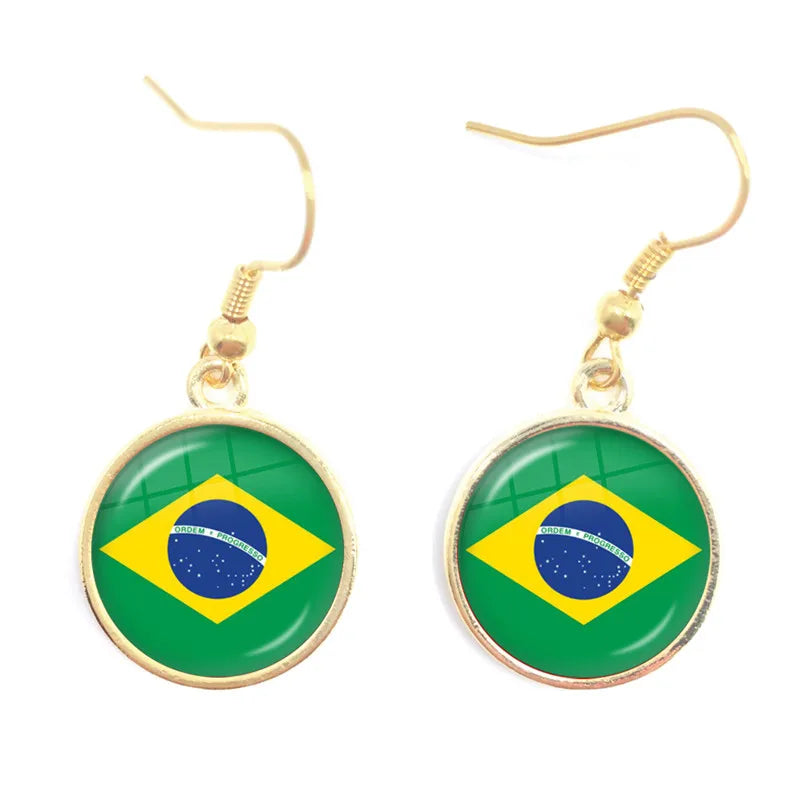 Soviet Union,Brazil,Canada,Netherlands,Israel,Syria,Venezuela,United States,Spain National Flag Glass Cabochon Drop Earrings