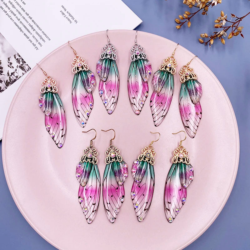 Handmade Fairy Simulation Wing Earrings Insect Butterfly Wing Drop Earrings Foil Rhinestone Earrings Romantic Bridal Jewelry
