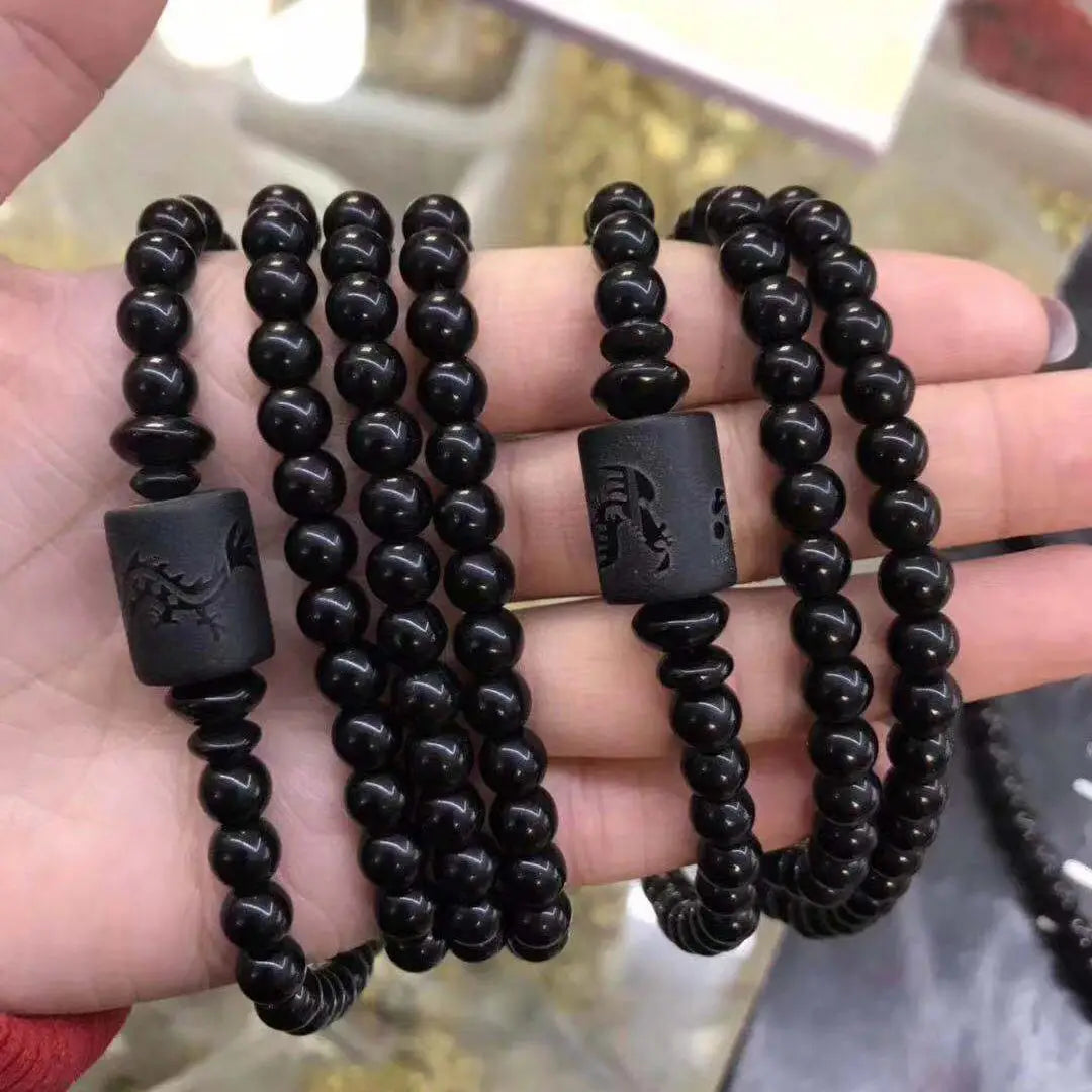 Natural Black Obsidian Carved Buddha Lucky Amulet Round Beads Strand Bracelet for Women Men Yoga Jewelry 6MM 8MM 10MM 12MM