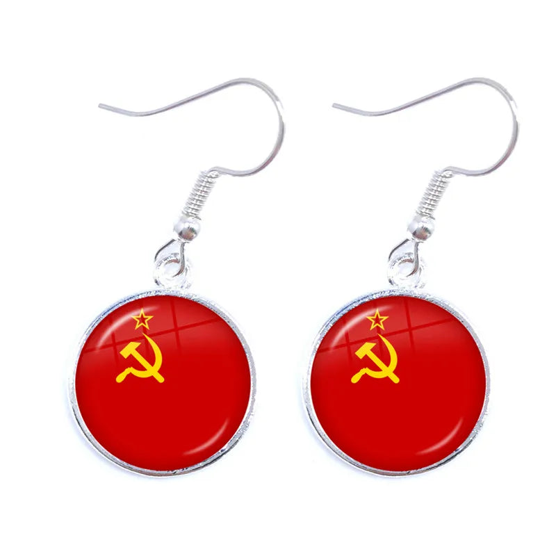 Soviet Union,Brazil,Canada,Netherlands,Israel,Syria,Venezuela,United States,Spain National Flag Glass Cabochon Drop Earrings