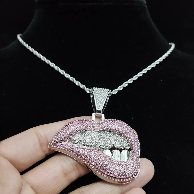 Men Women Hip Hop Bite Lip Shape Pendant Necklace with 13mm Crystal Cuban Chain Iced Out Bling HipHop Necklaces Fashion Jewelry
