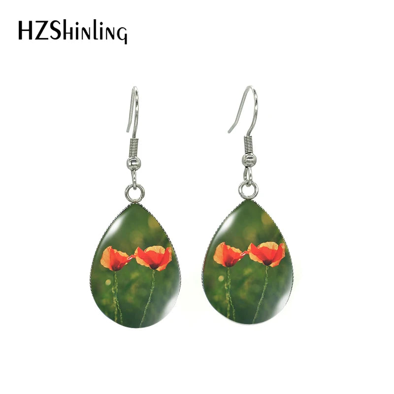New Arrival Tear Drop Hook Earrings Poppies Glass Dome Cabochon Earrings Jewelry